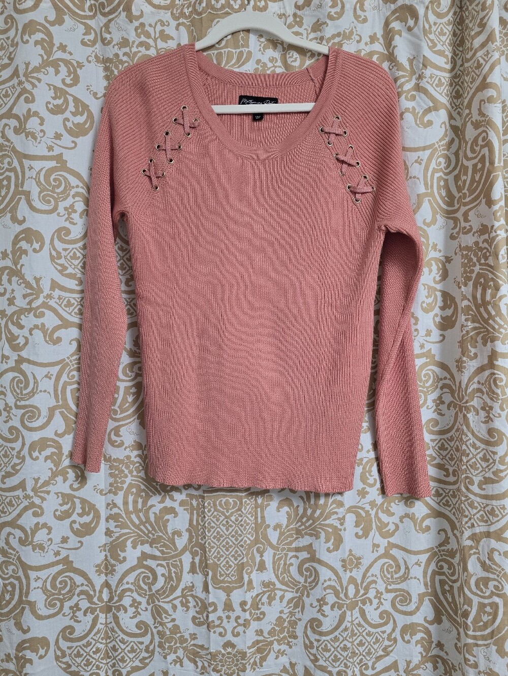 Montgomery Post Salmon Lace-Up Ribbed Long Sleeve Top